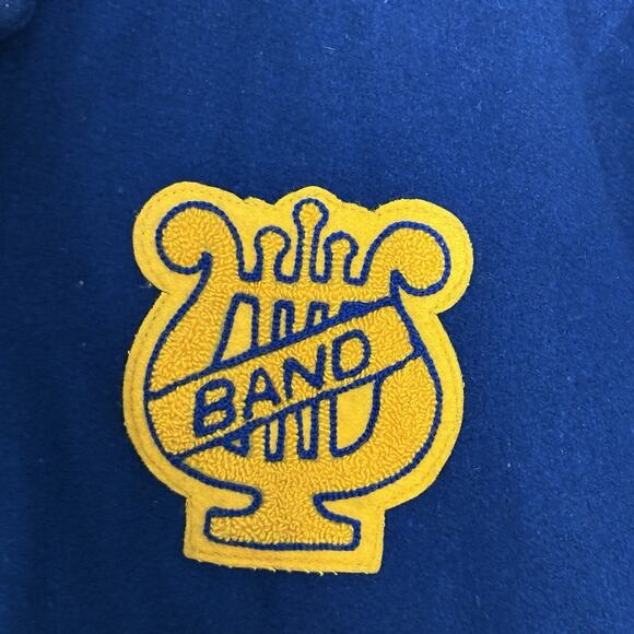 Vintage 80’s Varsity Jacket Wool Cape Collar Split Hood Band Blue Gold Size L - Picture 4 of 5